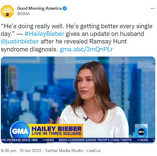 『Good Morning America』にゲスト出演したヘイリー（画像は『Good Morning America　2022年6月15日付Twitter「“He’s doing really well. He’s getting better every single day.”」』のスクリーンショット）