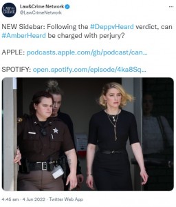 ジョニーとの裁判で敗訴したアンバー（画像は『Law＆Crime Network　2022年6月3日付Twitter「NEW Sidebar: Following the ＃DeppvHeard verdict, can ＃AmberHeard be charged with perjury?」』のスクリーンショット）