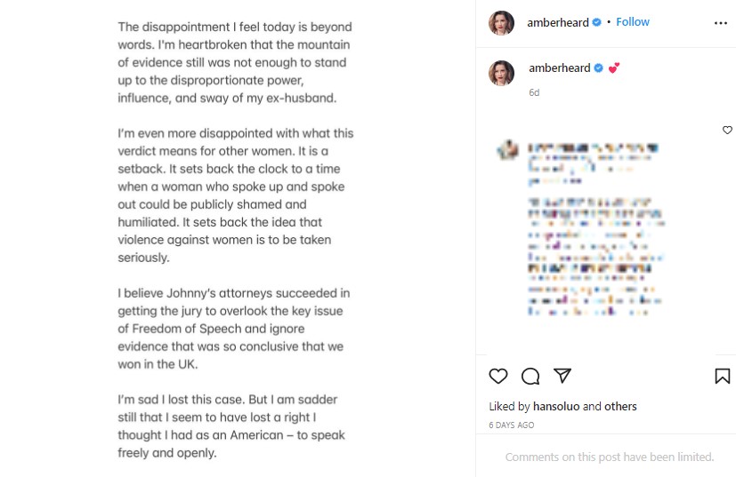 評決後、アンバーが公開した声明文（画像は『Amber Heard　2022年6月1日付Instagram』のスクリーンショット）