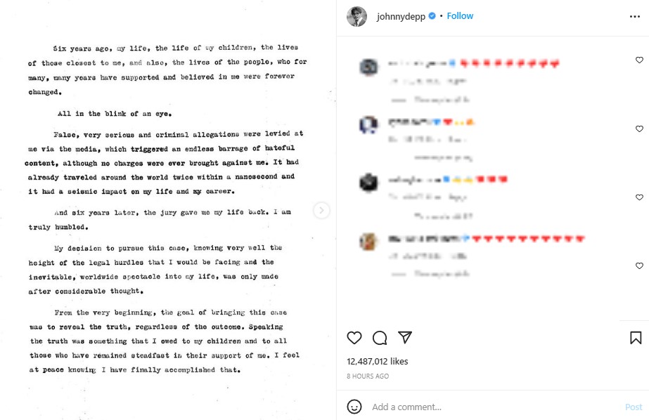 裁判で勝訴した喜びを伝えたジョニーの声明文（画像は『Johnny Depp　2022年6月2日付Instagram』のスクリーンショット）
