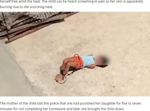 体をもぞもぞさせて泣き叫ぶ女児（画像は『India Today　2022年6月8日付「Delhi woman ties daughter on roof in scorching heat for not doing homework | Video」（Photo: India Today）』のスクリーンショット）