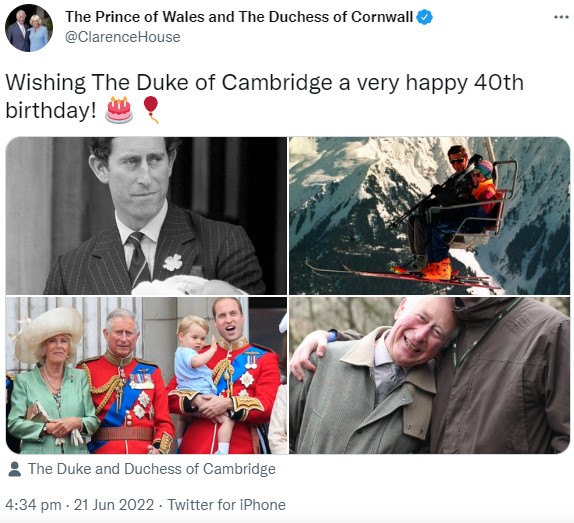 チャールズ皇太子が公開したウィリアム王子との思い出深い写真の数々（画像は『The Prince of Wales and The Duchess of Cornwall 2022年6月21日付Twitter「Wishing The Duke of Cambridge a very happy 40th birthday!」』のスクリーンショット）