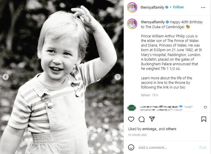 あどけない笑顔を見せる幼い頃のウィリアム王子（画像は『The Royal Family　2022年6月21日付Instagram「Happy 40th Birthday to The Duke of Cambridge!」』のスクリーンショット）