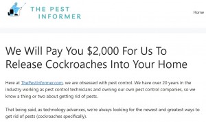 「The Pest Informer」公式ウェブサイトには専用応募フォームも（画像は『The Pest Informer　「We Will Pay You ＄2,000 For Us To Release Cockroaches Into Your Home」』のスクリーンショット）
