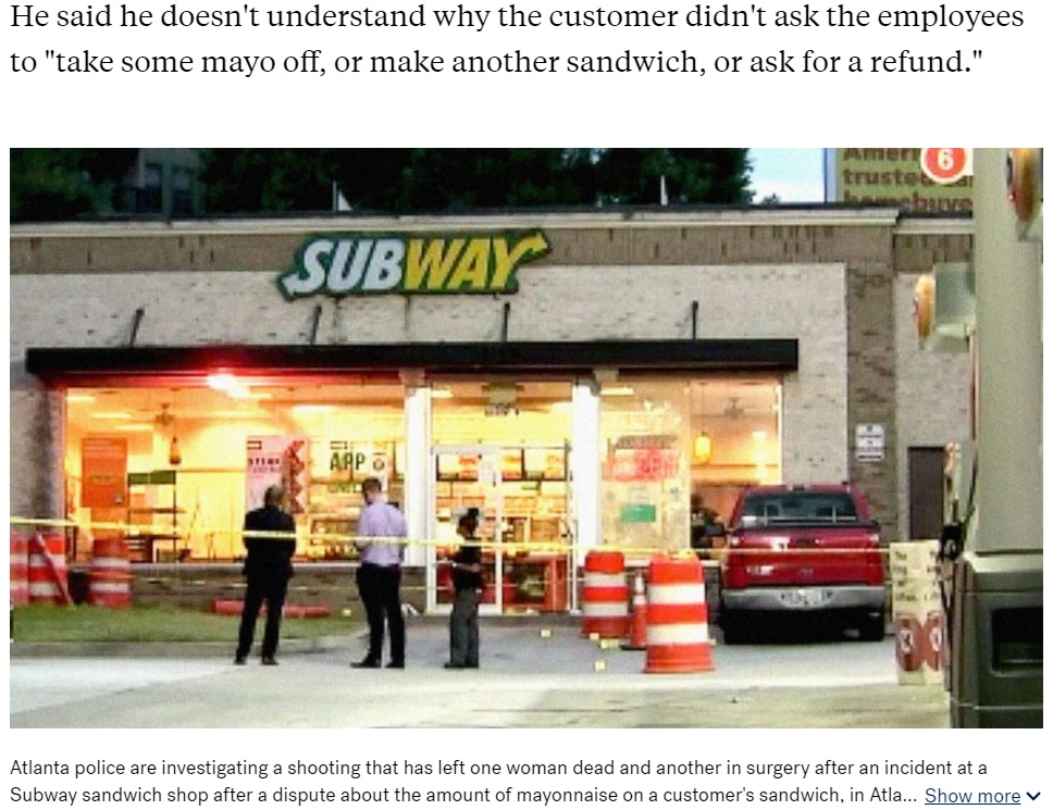 発砲事件が発生したサブウェイ店舗（画像は『ABC News　2022年6月28日付「Customer allegedly shoots Subway workers over too much mayonnaise on sandwich」（WSB）』のスクリーンショット）