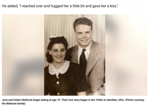 1943年に結婚したジューンさんとヒューバートさん（画像は『Fox News　2022年7月23日付「Ohio couple celebrates 100th birthdays, 79 years of marriage: ‘Been a good life’」（Photo courtesy the Malicote family）』のスクリーンショット）