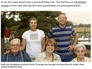 夫妻と3人の子供たち（画像は『Fox News　2022年7月23日付「Ohio couple celebrates 100th birthdays, 79 years of marriage: ‘Been a good life’」（Photo courtesy the Malicote family）』のスクリーンショット）