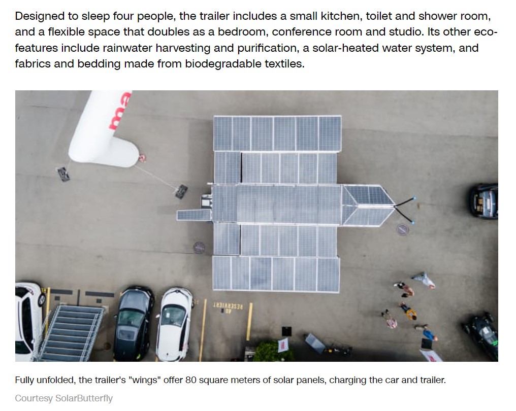 「翼」はソーラーパネルになり充電可能（画像は『CNN International　2022年7月1日付「A butterfly-shaped trailer is taking a round-the-world trip ― powered entirely by the sun」（Courtesy SolarButterfly）』のスクリーンショット）