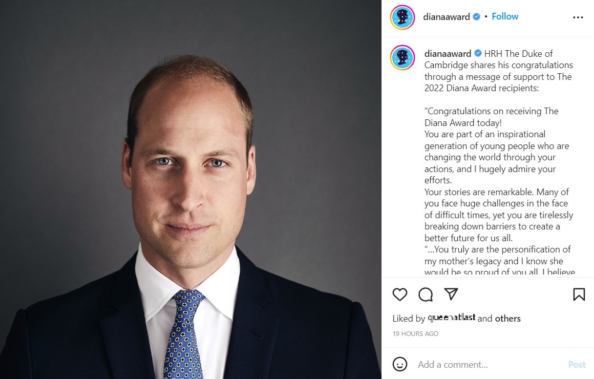 ウィリアム王子が送った受賞者達へのメッセージ（画像は『The Diana Award　2022年7月1日付Instagram「HRH The Duke of Cambridge shares his congratulations through a message of support to The 2022 Diana Award recipients:」』のスクリーンショット）