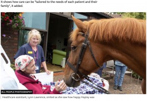 パッションと再会し笑顔を見せるヘイリーさん（画像は『BBC News　2022年7月3日付「Terminally ill woman reunited with horse at Aylesbury hospice」（ALL PEOPLE PHOTOGRAPHY）』のスクリーンショット）