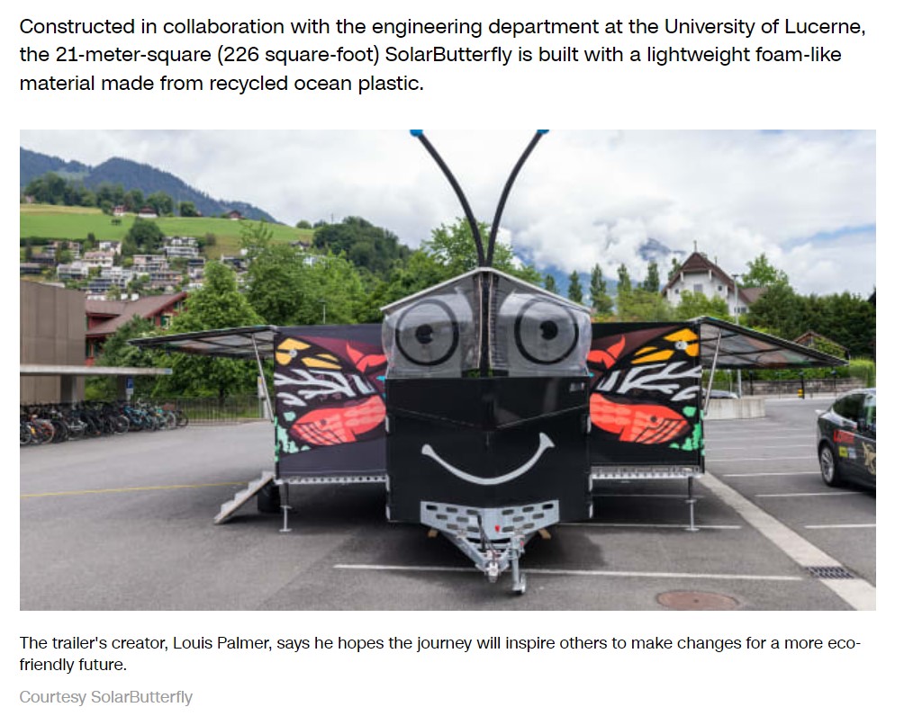 太陽光発電だけで動く「ソーラーバタフライ」（画像は『CNN International　2022年7月1日付「A butterfly-shaped trailer is taking a round-the-world trip ― powered entirely by the sun」（Courtesy SolarButterfly）』のスクリーンショット）