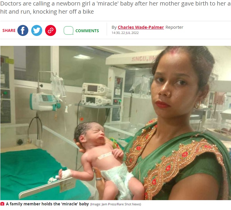 “奇跡の子”を抱っこする親族の女性（画像は『The Daily Star　2022年7月22日付「Baby ‘miraculously’ bursts out of womb alive as mum is crushed to death by truck」（Image: Jam Press/Rare Shot News）』のスクリーンショット）