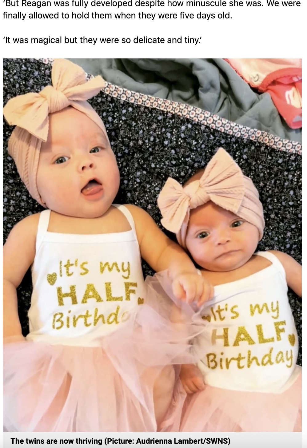 姉より小さく誕生した双子の妹（画像は『Metro　2022年7月19日付「Twin born almost three times smaller than her sister defies the odds and is now ‘thriving’」（Picture: Audrienna Lambert/SWNS）』のスクリーンショット）