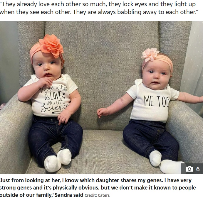 1人はサンドラさんの卵子、もう1人はドナーの卵子から誕生（画像は『The Sun US　2022年7月5日付「SCRAMBLED EGGS I’m a mom of twins who are only half-sisters ― even doctors are blown away that it’s possible」（Credit: Caters）』のスクリーンショット）
