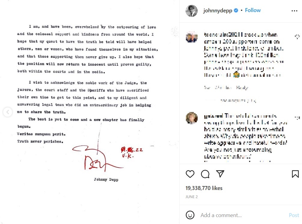 勝訴したジョニー・デップが投稿したメッセージ（画像は『Johnny Depp　2022年6月2日付Instagram』のスクリーンショット）