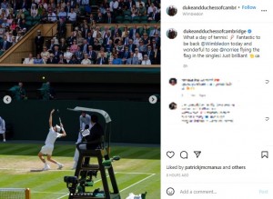 ロイヤルボックスから試合を楽しむウィリアム王子夫妻（画像は『Duke and Duchess of Cambridge　2022年7月5日付Instagram「What a day of tennis!」』のスクリーンショット）