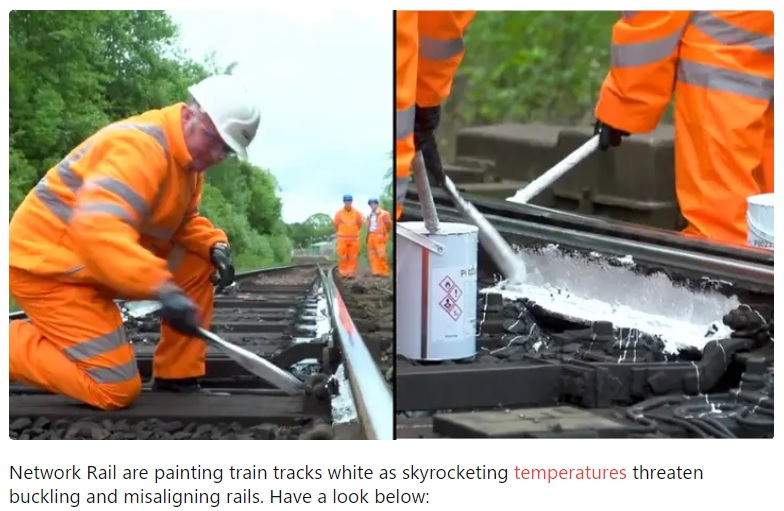 暑さ対策のため線路を白い塗料で塗る作業員（画像は『LADbible　2022年7月17日付「Network Rail Are Painting Train Tracks White Ahead Of Record-Breaking UK Heatwave」』のスクリーンショット）