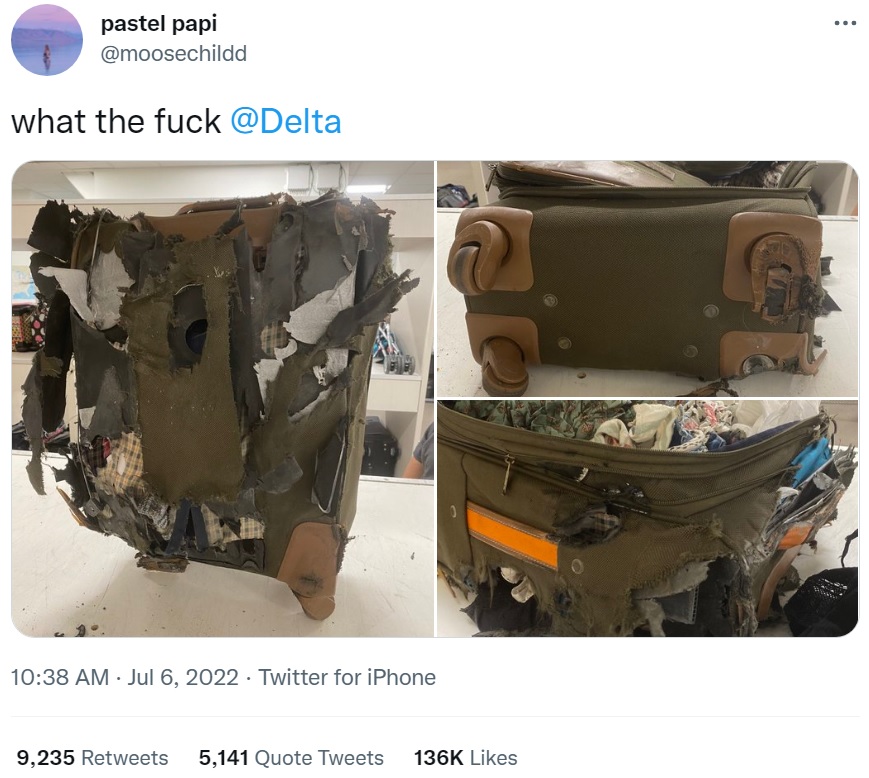 スーツケースの酷すぎる扱いを投稿したエミリーさん（画像は『pastel papi　2022年7月6日付Twitter「what the fuck ＠Delta」』のスクリーンショット）