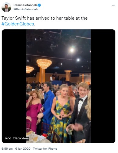 2020年、ゴールデングローブ賞授賞式でのテイラーとジョー（画像は『Ramin Setoodeh　2020年1月6日付Twitter「Taylor Swift has arrived to her table at the ＃GoldenGlobes.」』のスクリーンショット）