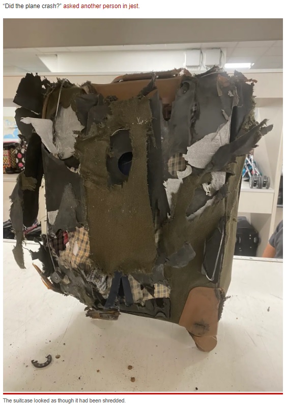 ズタズタに切り裂かれたようなスーツケース（画像は『New York Post　2022年7月7日付「Woman shocked suitcase destroyed on Delta flight: ‘Did the plane crash?’」（Twitter/moosechildd）』のスクリーンショット）