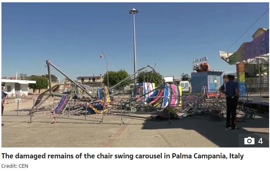 跡形もなく崩れた回転ブランコ（画像は『The Sun　2022年7月13日付「RIDE FROM HELL Horror moment fairground carousel packed with children COLLAPSES in midair leaving 20 people injured」（Credit: CEN）』のスクリーンショット）
