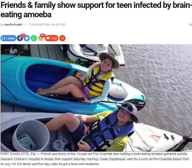 ポート・シャーロット・ビーチパークを訪れたケイレブ君（画像は『NBC2 News　2022年7月24日付「Friends ＆ family show support for teen infected by brain-eating amoeba」』のスクリーンショット）