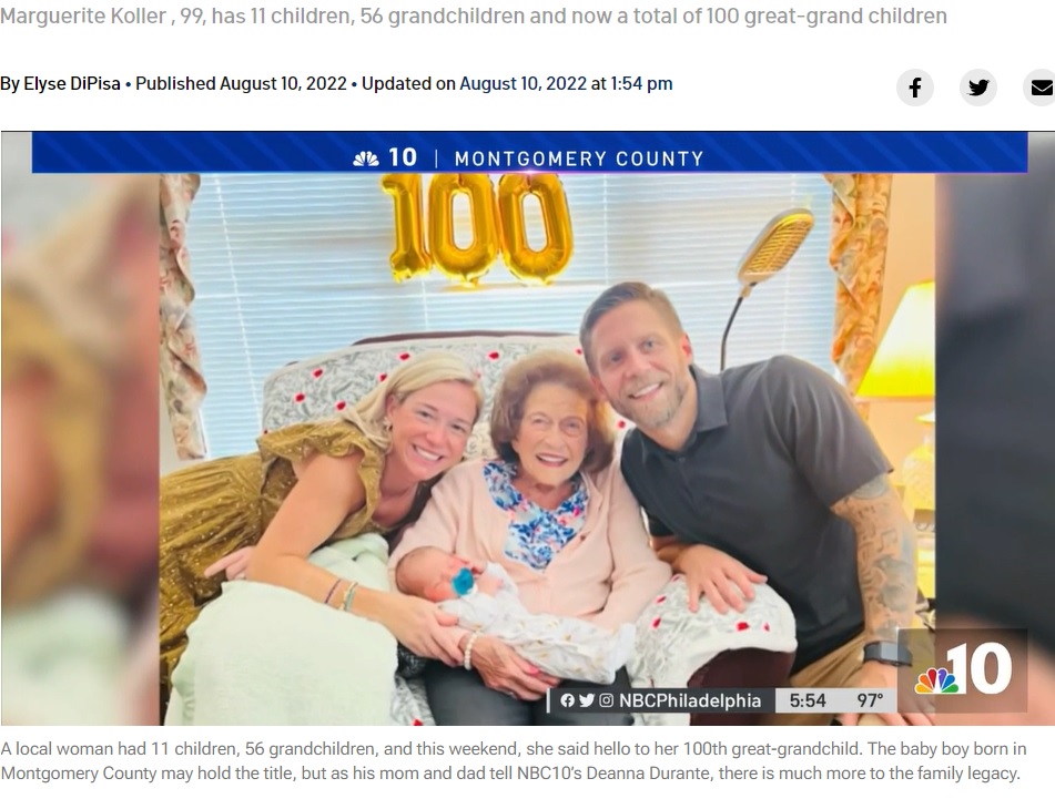 100人目のひ孫を抱く女性（画像は『NBC10 Philadelphia　2022年8月10日付「Mega Matriarch. Montgomery County Woman Celebrates 100th Great-Grandchild」』のスクリーンショット）