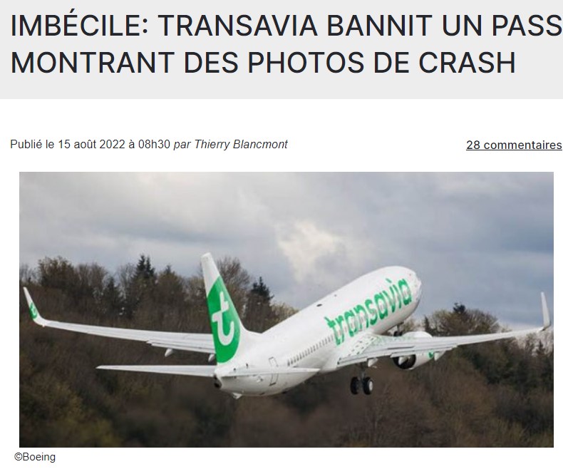少年に5年間の搭乗禁止を言い渡したトランサヴィア航空（画像は『Air Journal　2022年8月15日付「IMBÉCILE: TRANSAVIA BANNIT UN PASSAGER MONTRANT DES PHOTOS DE CRASH」（（C）Boeing）』のスクリーンショット）