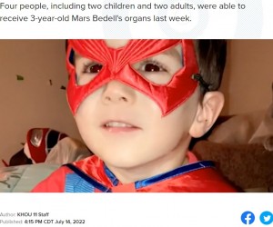 【海外発！Breaking News】「息子はスーパーヒーロー」溺死した3歳男児が臓器提供、見送りの儀式は涙（米）＜動画あり＞