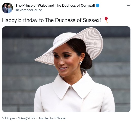チャールズ皇太子夫妻が公開した祝福メッセージ（画像は『The Prince of Wales and The Duchess of Cornwall　2022年8月4日付Twitter「Happy birthday to The Duchess of Sussex!」』のスクリーンショット）