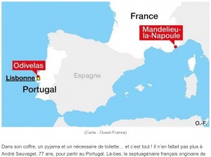 フランス南部からポルトガルまでスクーターで往復（画像は『Ouest-France　2022年7月28日付「À 77 ans, il enfourche son scooter pour rallier le Portugal depuis la Côte d’Azur」（Carte : Ouest-France）』のスクリーンショット）