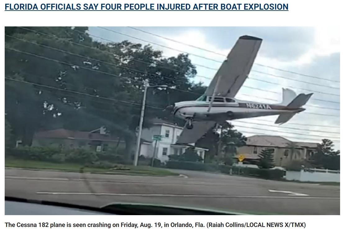 一般道路に突っ込んできたセスナ機（画像は『Fox News　2022年8月22日付「Stunning video shows Florida Cessna plane crashing onto Orlando road」（Raiah Collins/LOCAL NEWS X/TMX）』のスクリーンショット）