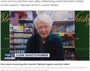 冷静な判断で強盗犯を追い払ったクレイグさん（画像は『FOX 11 Los Angeles　2022年8月2日付「‘He shot my arm off’: Elderly store owner opens fire on would-be robber in Norco」』のスクリーンショット）