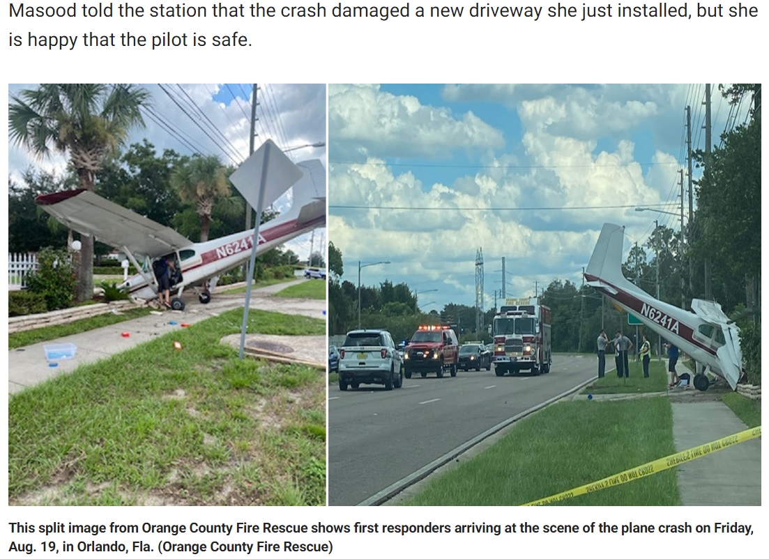 幸いにもパイロットに大きなケガはなかった（画像は『Fox News　2022年8月22日付「Stunning video shows Florida Cessna plane crashing onto Orlando road」（Orange County Fire Rescue）』のスクリーンショット）