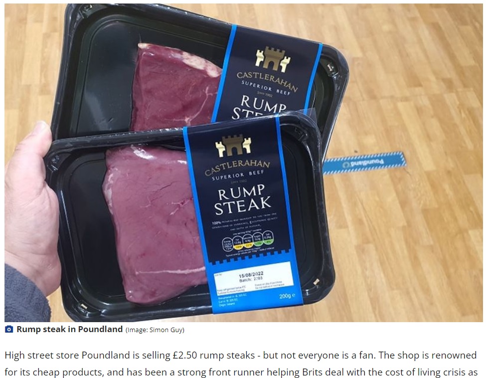 約407円で販売されている200gのステーキ肉（画像は『North Wales Live　2022年8月2日付「Poundland is selling ￡2.50 rump steak but not everyone is a fan」（Image: Simon Guy）』のスクリーンショット）