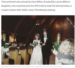 1990年、5番目にキャロルさんがウエディングドレスを着用（画像は『Good Morning America　2022年9月16日付「Family passes down ＄100 wedding dress for 72 years」（Courtesy Carol Milton Zmuda）』のスクリーンショット）