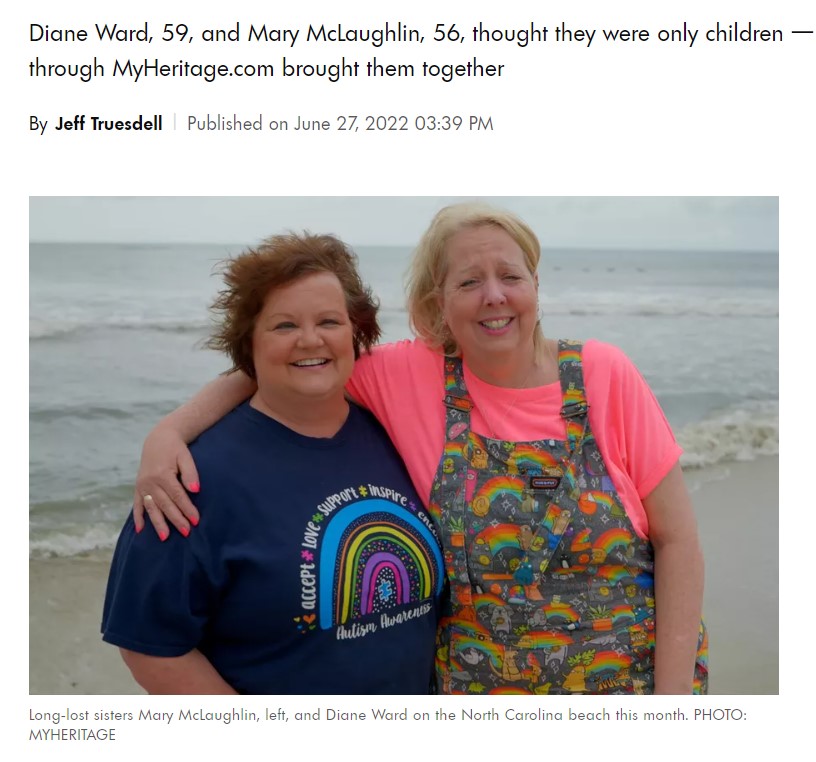 メアリーさんとダイアンさん（画像は『People.com　2022年6月27日付「Sisters Feel Joy ‘Like 5-Year-Olds’ in First Meeting After 56 Years of Not Knowing the Other Existed」（PHOTO: MYHERITAGE）』のスクリーンショット）
