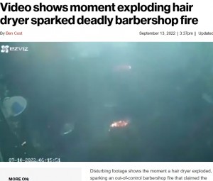 5秒ほどで小さくなった炎（画像は『New York Post　2022年9月13日付「Video shows moment exploding hair dryer sparked deadly barbershop fire」（Jam Press Vid/Newslions）』のスクリーンショット）