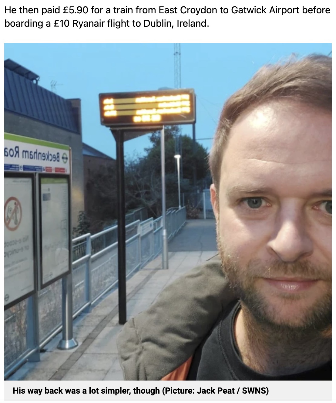 11時間かけて目的地に向かった男性（画像は『Metro　2022年9月14日付「Football fan spent ￡33 on flights up north for journey that cost ￡389 by train」（Picture: Jack Peat / SWNS）』のスクリーンショット）