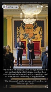 ヒルズバラ城内で会合を行ったチャールズ国王とカミラ王妃（画像は『The Royal Family　2022年9月13日付Instagram」』のスクリーンショット）