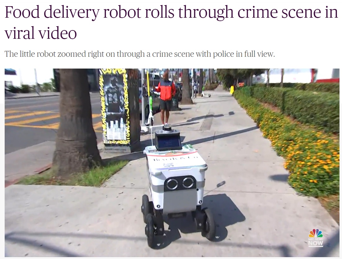 規制テープの張られた事件現場にやってきた配達ロボット（画像は『TODAY　2022年9月14日付「Food delivery robot rolls through crime scene in viral video」（NBC News）』のスクリーンショット）