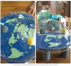 お手製の平らな地球の模型（画像は『UNILAD 2022年9月5日付「People furious with parents teaching kids Earth is flat from young age」（Credit: Facebook）』のスクリーンショット）