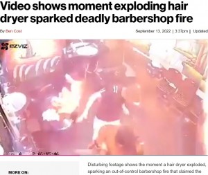 あっという間に広がる炎（画像は『New York Post　2022年9月13日付「Video shows moment exploding hair dryer sparked deadly barbershop fire」（Jam Press Vid/Newslions）』のスクリーンショット）