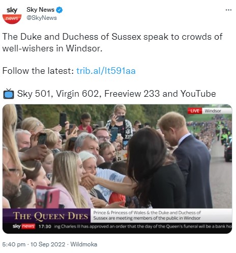 集まった人々と握手を交わすヘンリー王子とメーガン妃（画像は『Sky News　2022年9月10日付Twitter「The Duke and Duchess of Sussex speak to crowds of well-wishers in Windsor.」』のスクリーンショット）