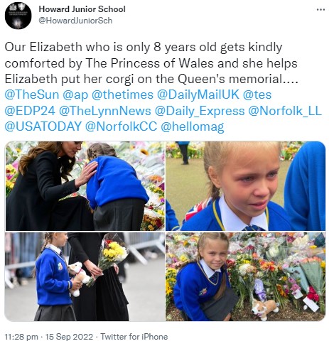 エリザベスちゃんが通う学校が写真をツイートした（画像は『Howard Junior School　2022年9月15日付Twitter「Our Elizabeth who is only 8 years old gets kindly comforted by The Princess of Wales and she helps Elizabeth put her corgi on the Queen’s memorial」』のスクリーンショット）