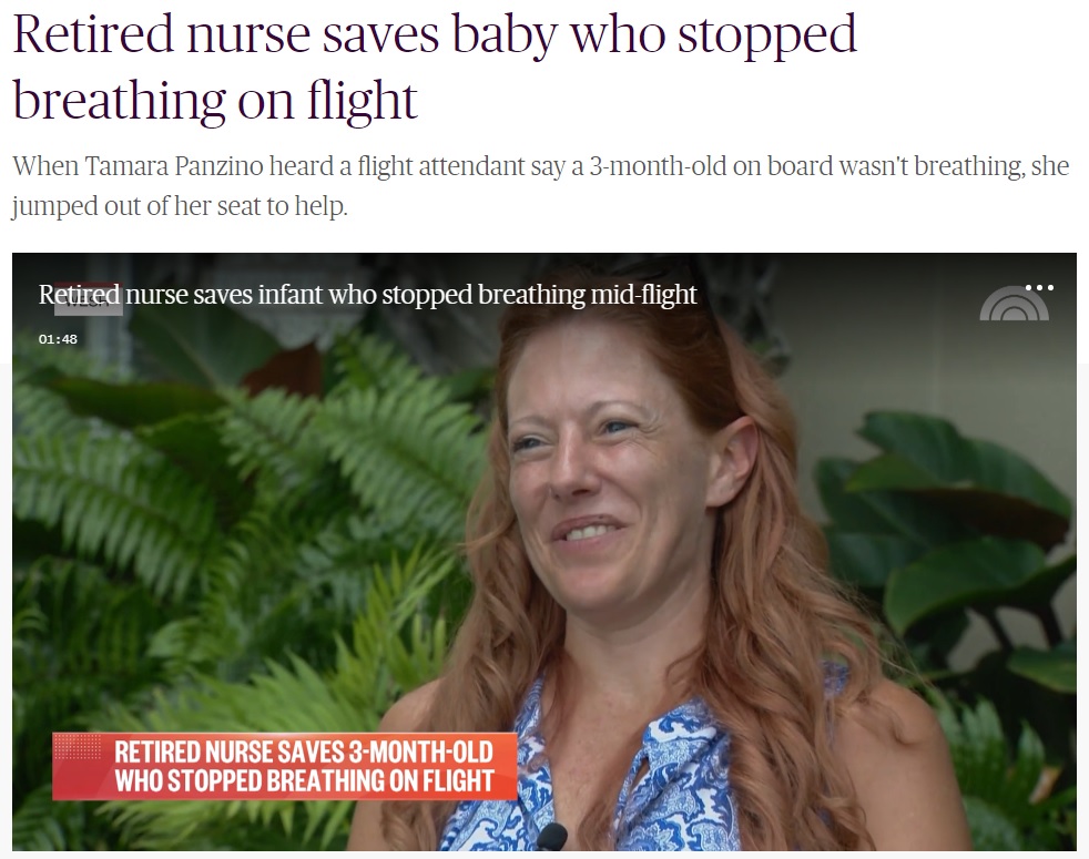 機内放送を聞いてすぐに行動を起こしたタマラ・パンジーノさん（画像は『TODAY　2022年9月13日付「Retired nurse saves baby who stopped breathing on flight」』のスクリーンショット）