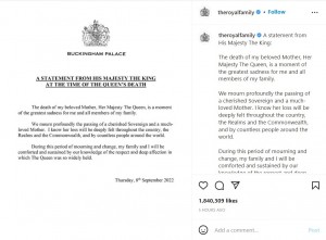 王位を継承したチャールズ3世が公開した声明文（画像は『The Royal Family　2022年9月8日付Instagram「A statement from His Majesty The King:」』のスクリーンショット）