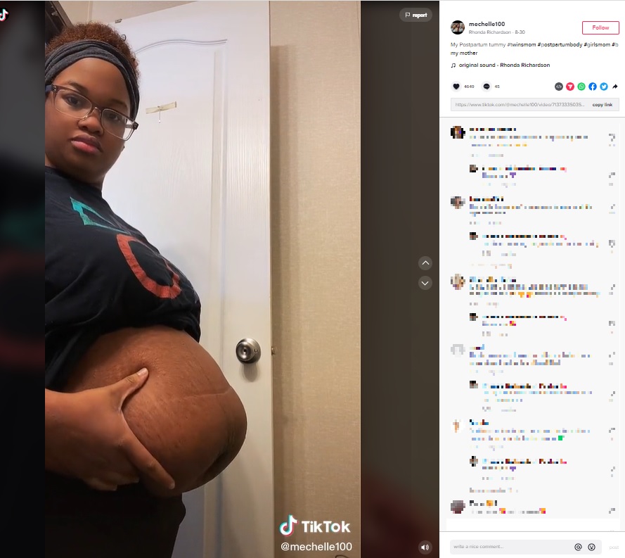 出産から19日後のお腹（画像は『Rhonda Richardson　2022年8月30日付TikTok「My Postpartum tummy」』のスクリーンショット）