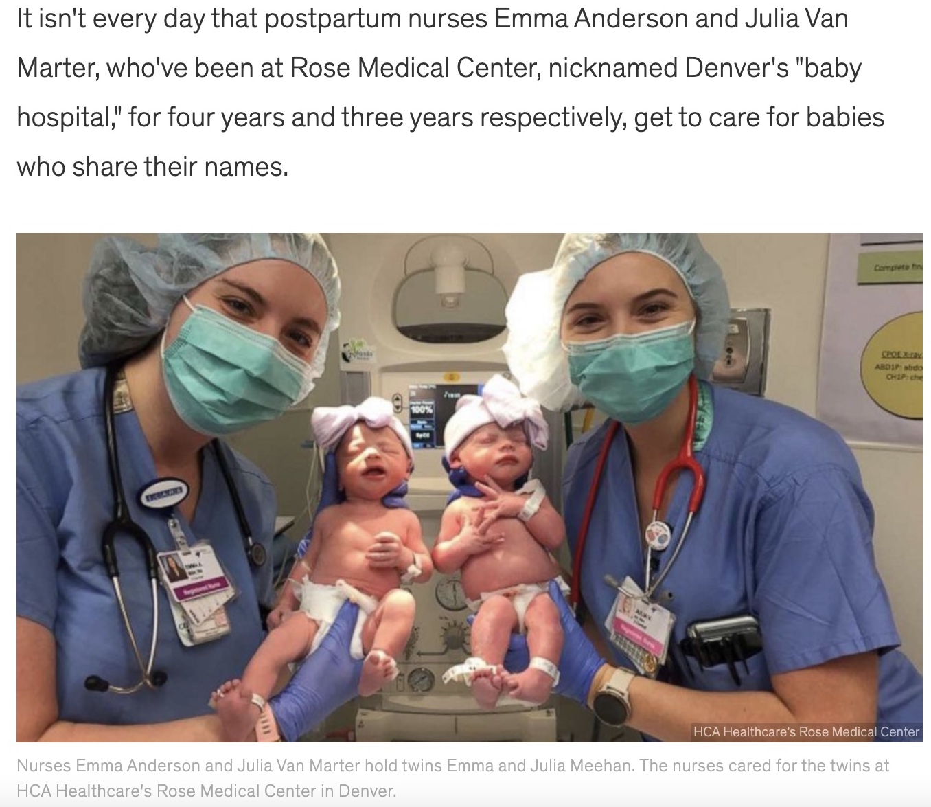 エマちゃんを抱くエマさんとジュリアちゃんを抱くジュリアさん（画像は『Good Morning America　2022年10月20日付「Nurses discover unique similarity with twins they delivered」（HCA Healthcare’s Rose Medical Cente）』のスクリーンショット）