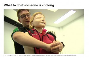 応急処置のデモンストレーションの様子（画像は『BBC News　2022年10月23日付「Gwynedd teen saves choking sister, 6, after first-aid lesson」』のスクリーンショット）
